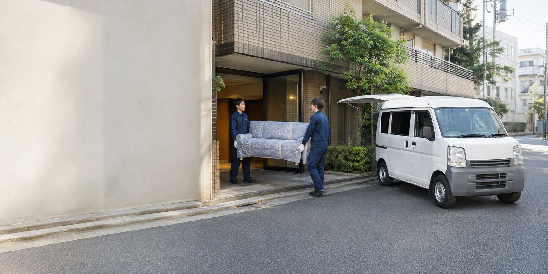 东京住宅区内，两位搬运人员正在搬运家具